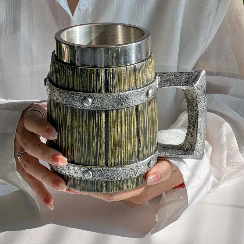 Viking Wood Style Beer Mug 3D Resin Stainless Steel Coffee Cup Wine Glass Metal Double Wall Mug Beer Jug Cup Thermal