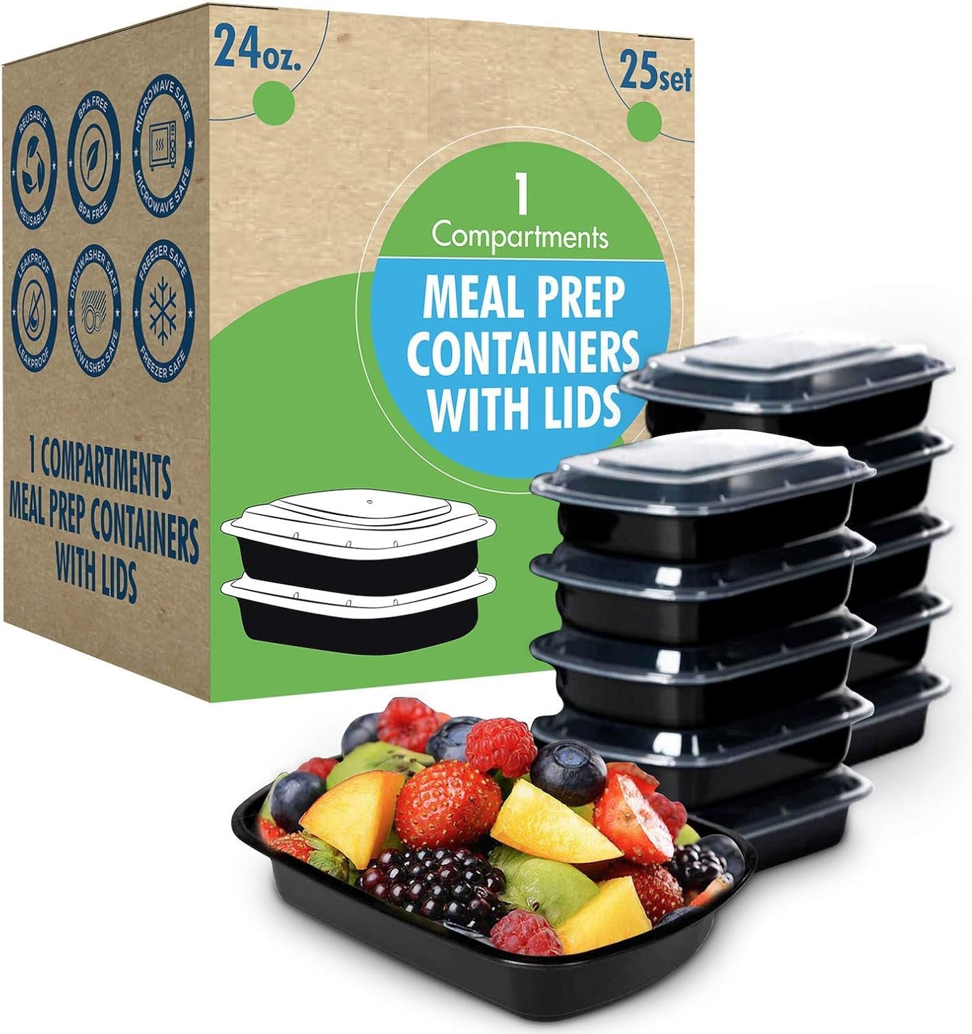 Safeware Meal Prep Container Reusable with Lids [25 Set] 24Oz. Ideal-Food Prep Containers, Food Storage Bento Box, Portion Control | Stackable | Microwave | Dishwasher | Freezer Safe