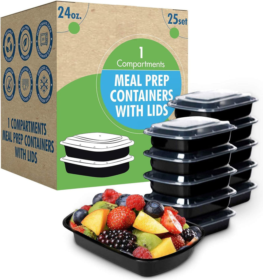 Safeware Meal Prep Container Reusable with Lids [25 Set] 24Oz. Ideal-Food Prep Containers, Food Storage Bento Box, Portion Control | Stackable | Microwave | Dishwasher | Freezer Safe