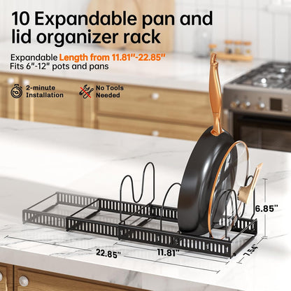 Pots and Pans Organizer Rack for under Cabinet, Expandable 11.71''-22.85'' Pot Lid Kitchen Cabinet Organizer Holder with 10 Adjustable Compartment Cutting Board Organizer for Pan Lid, Bakeware