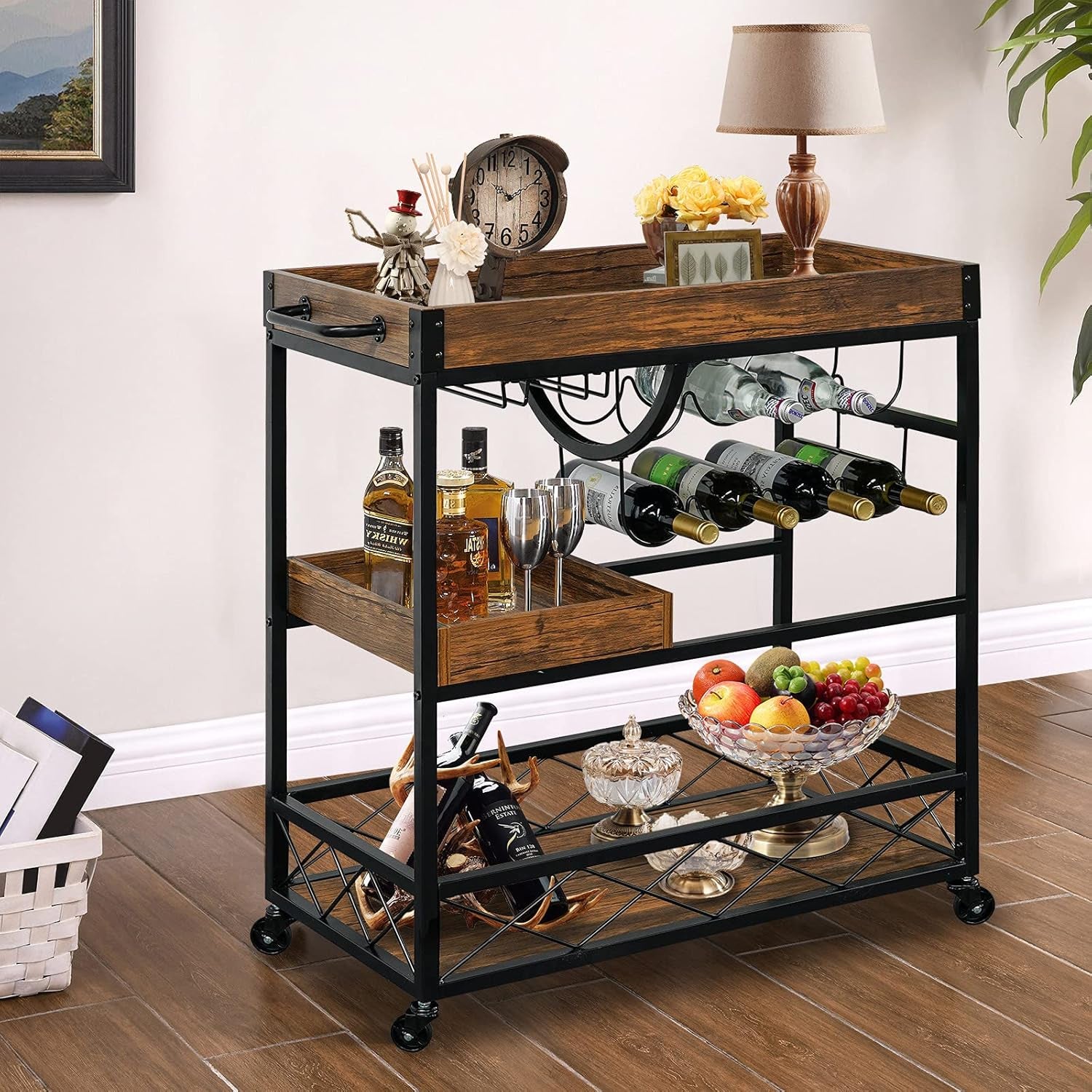 Ohsuaniy Bar Cart for the Home, 3 Tire Industrial Rolling Serving Cart on Lockable Wheels, Alcoholic Beverage Trolley with 2 Removable Trays, Wine Rack and Glass Holder for Indoor, Outdoor