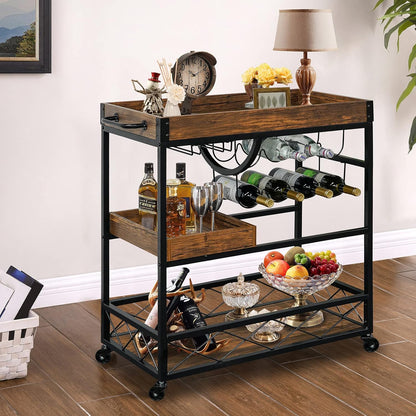 Ohsuaniy Bar Cart for the Home, 3 Tire Industrial Rolling Serving Cart on Lockable Wheels, Alcoholic Beverage Trolley with 2 Removable Trays, Wine Rack and Glass Holder for Indoor, Outdoor