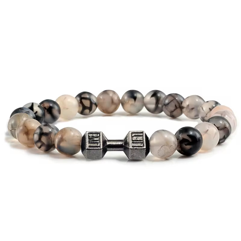 ForgeFit™ Volcanic Stone Fitness Bracelet / Natural Volcanic Stone Bracelet Men Matte Black Lave White Beads Charm Dumbbell Strand Bracelets Women Barbell Fitness Jewelry
