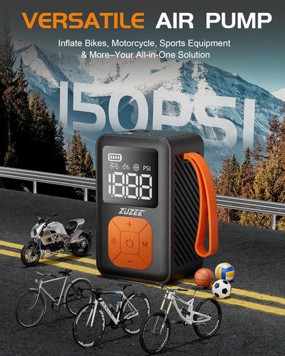 Mini Bike Pump, 150 PSI Portable Bicycle Pump with Gauge, 3X Faster & Auto Stop & Brushless Motor, Electric Bike Tire Pump with Presta and Schrader Valve for Road Bike, MTB, Motorcycle, Ball,Etc
