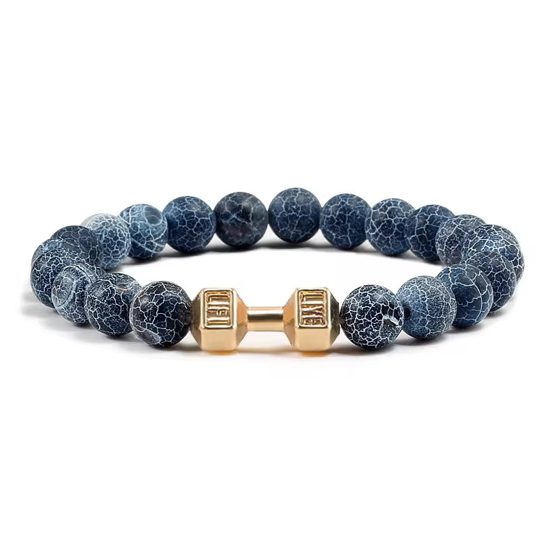 ForgeFit™ Volcanic Stone Fitness Bracelet / Natural Volcanic Stone Bracelet Men Matte Black Lave White Beads Charm Dumbbell Strand Bracelets Women Barbell Fitness Jewelry