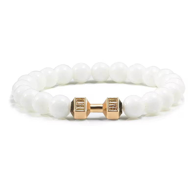 ForgeFit™ Volcanic Stone Fitness Bracelet / Natural Volcanic Stone Bracelet Men Matte Black Lave White Beads Charm Dumbbell Strand Bracelets Women Barbell Fitness Jewelry