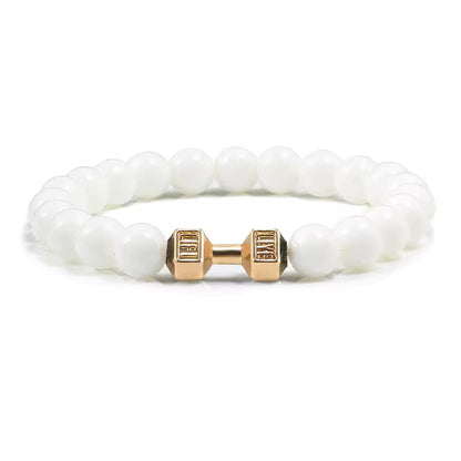 ForgeFit™ Volcanic Stone Fitness Bracelet / Natural Volcanic Stone Bracelet Men Matte Black Lave White Beads Charm Dumbbell Strand Bracelets Women Barbell Fitness Jewelry