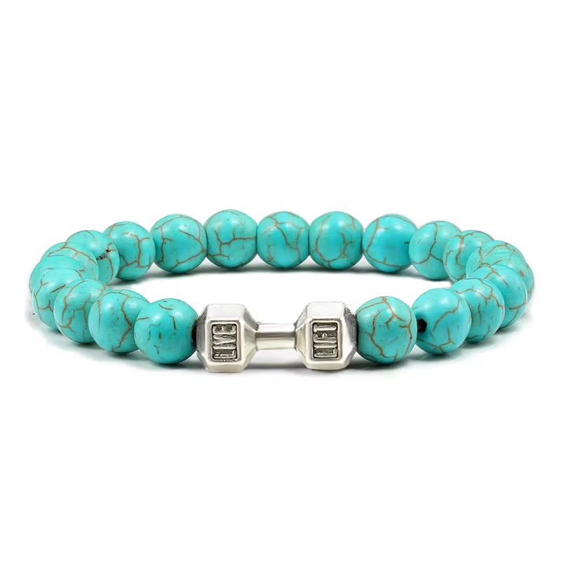 ForgeFit™ Volcanic Stone Fitness Bracelet / Natural Volcanic Stone Bracelet Men Matte Black Lave White Beads Charm Dumbbell Strand Bracelets Women Barbell Fitness Jewelry