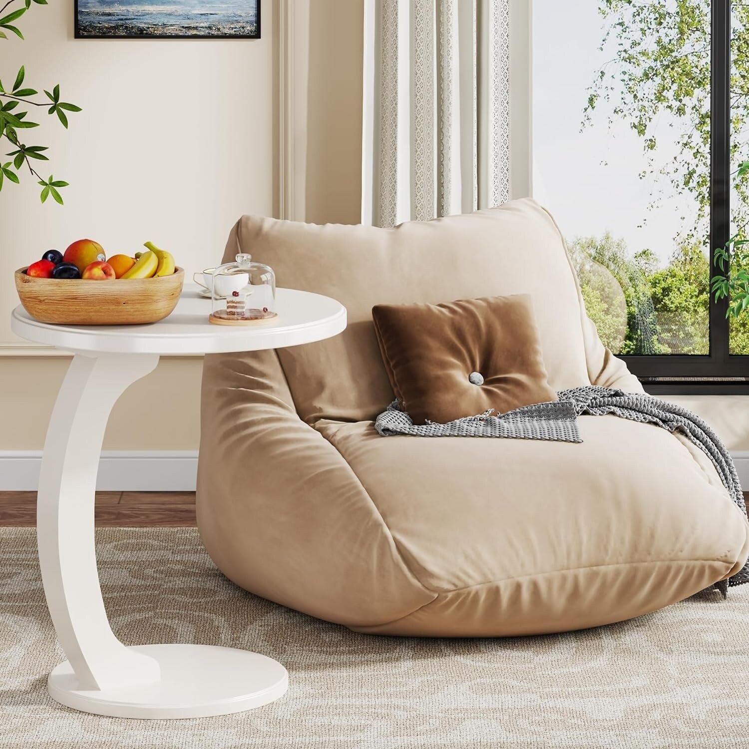 Solid Wood round End Table Mid Century C-Shaped Side Table for Living Room & Bedroom