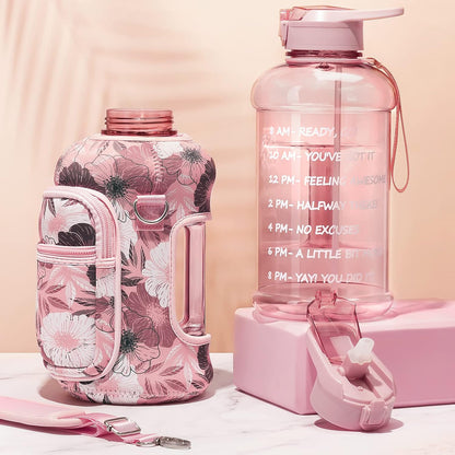 Fimibuke Half Gallon Water Bottle with Sleeve 64 OZ Water Bottle with Handle & Straw Leakproof Motivational Sports Gym Water Bottle with Time Marker BPA Free Water Jug with Reusable Neoprene Holder
