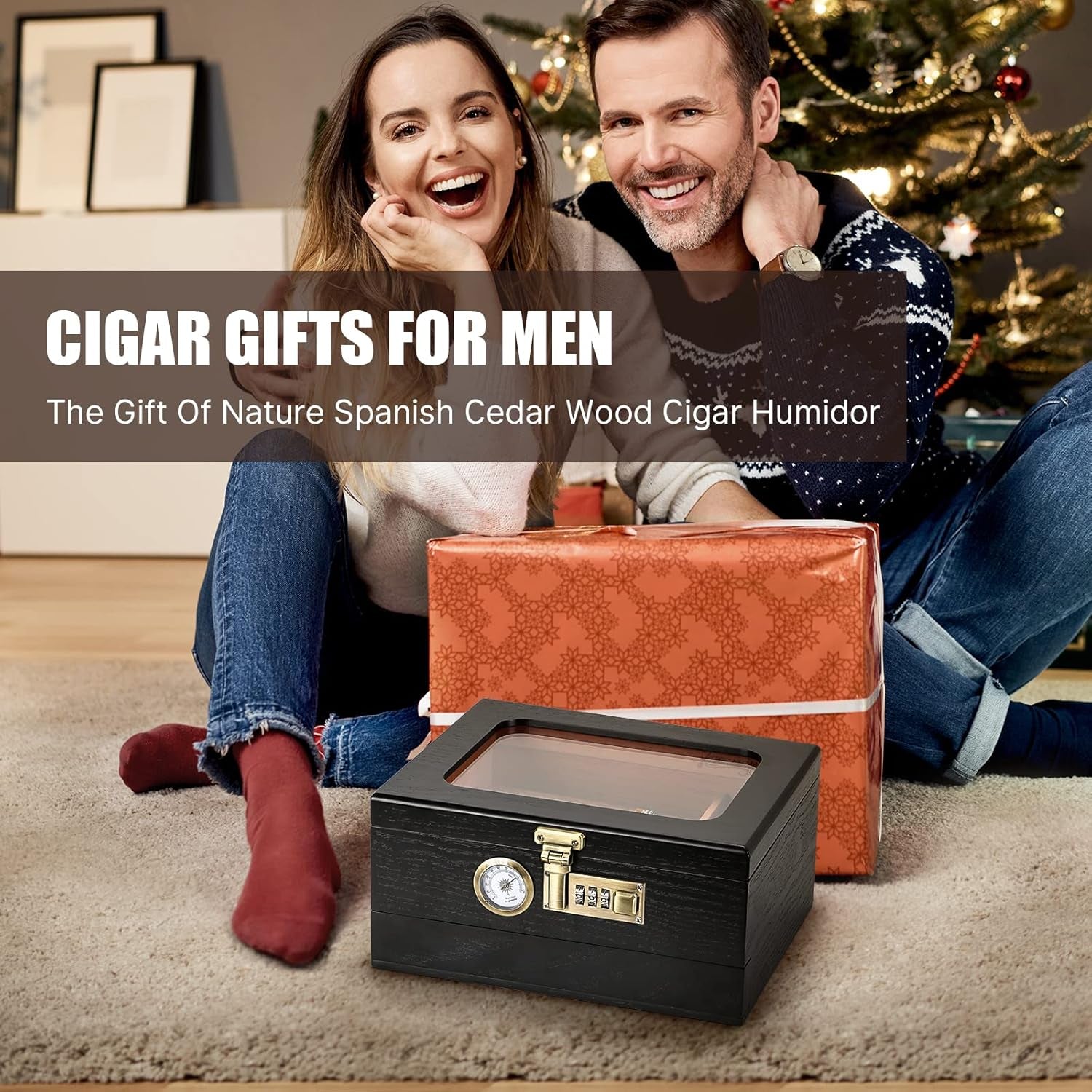 Cigar Humidor, Cedar Wood Humidor Cigar Box, Glass Top Desktop Humidor with Front Hygrometer, Humidifier, Divider, Accessories Drawer and Combination Lock, Cigar Gifts for Men (Black)