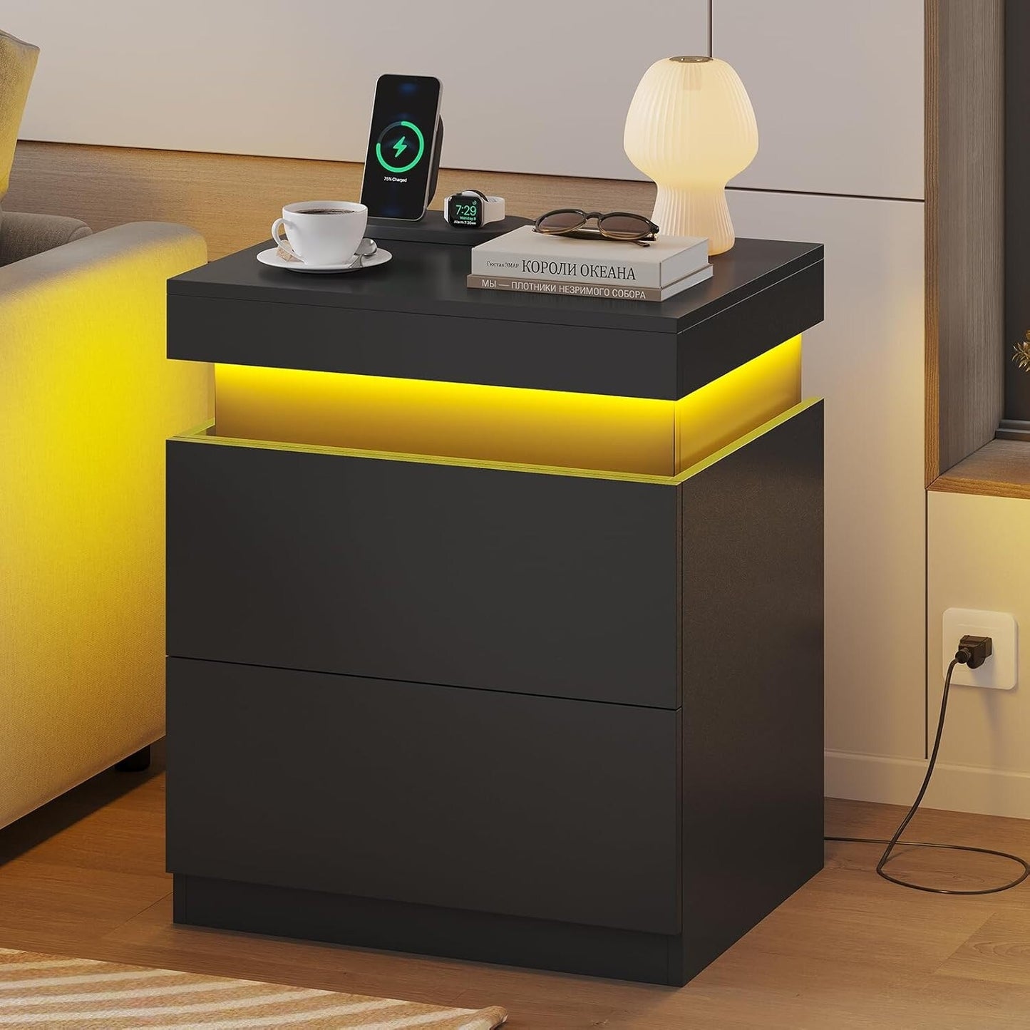 Bedroom Nightstand Charging Station LED Lights Sliding Top Drawers