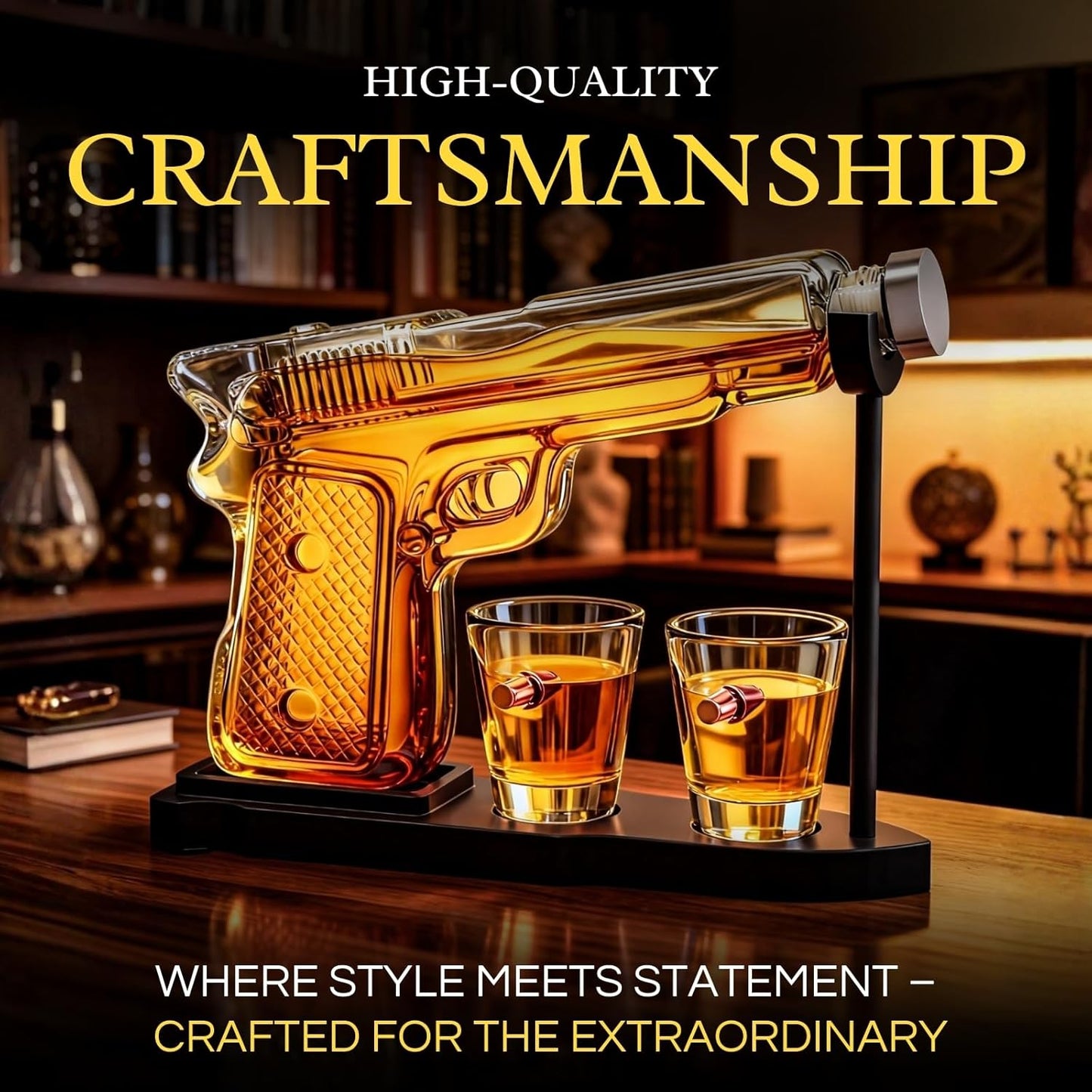 The Wine Savant Whiskey Gun Decanter Set + 2 Bullet Glasses - Birthday Pistol Gifts for Men Who Have Everything, Whiskey Gifts for Men Dad, for Father, Husband, Boyfriend & Military Enthusiasts
