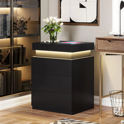 Bedroom Nightstand Charging Station LED Lights Sliding Top Drawers