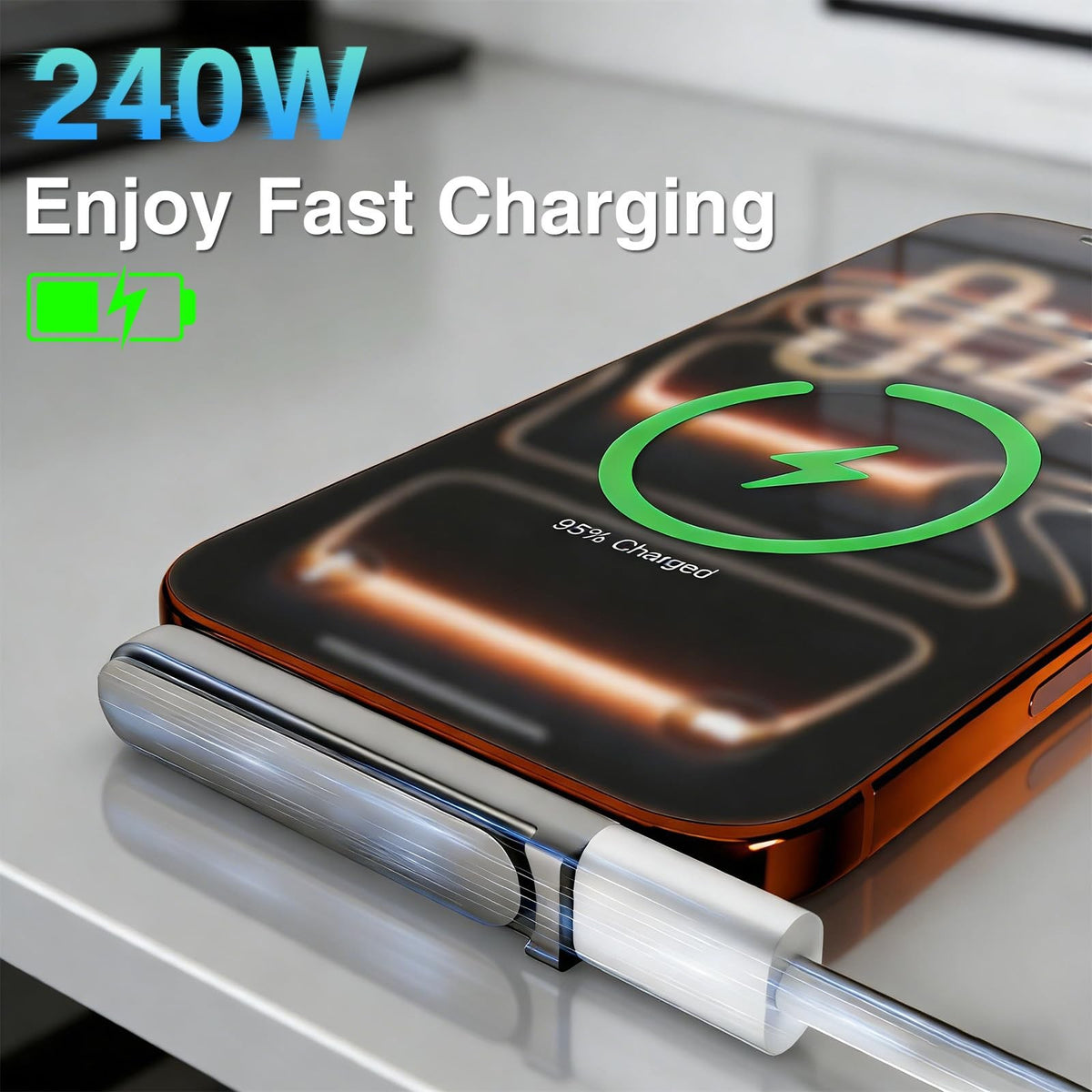 2-in-1 USB-C Fast Charging Cable with Foldable Phone Stand – 240W PD 3.1