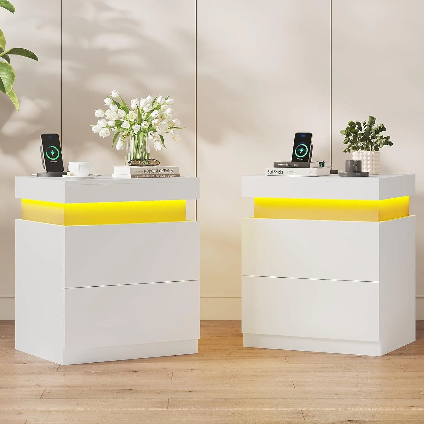 Bedroom Nightstand Charging Station LED Lights Sliding Top Drawers