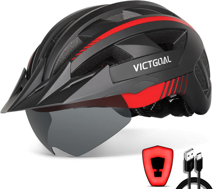 VICTGOAL Bike Helmet with USB Rechargeable Rear Light Detachable Magnetic Goggles Removable Sun Visor Mountain & Road Bicycle Helmets for Men Women Adult Cycling Helmets