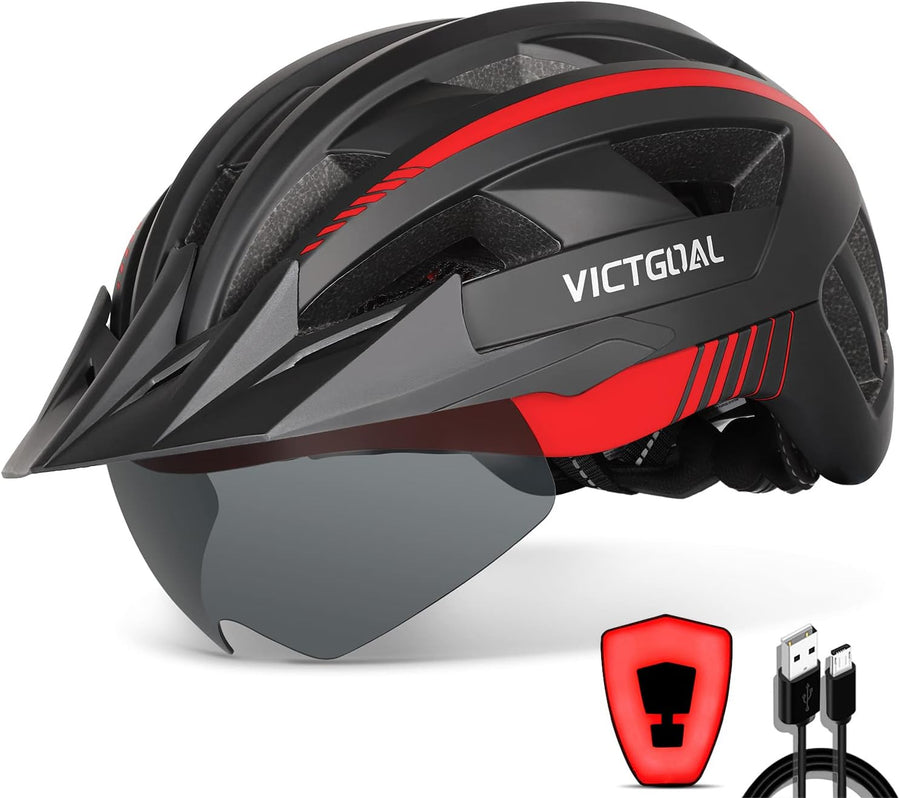 VICTGOAL Bike Helmet with USB Rechargeable Rear Light Detachable Magnetic Goggles Removable Sun Visor Mountain & Road Bicycle Helmets for Men Women Adult Cycling Helmets
