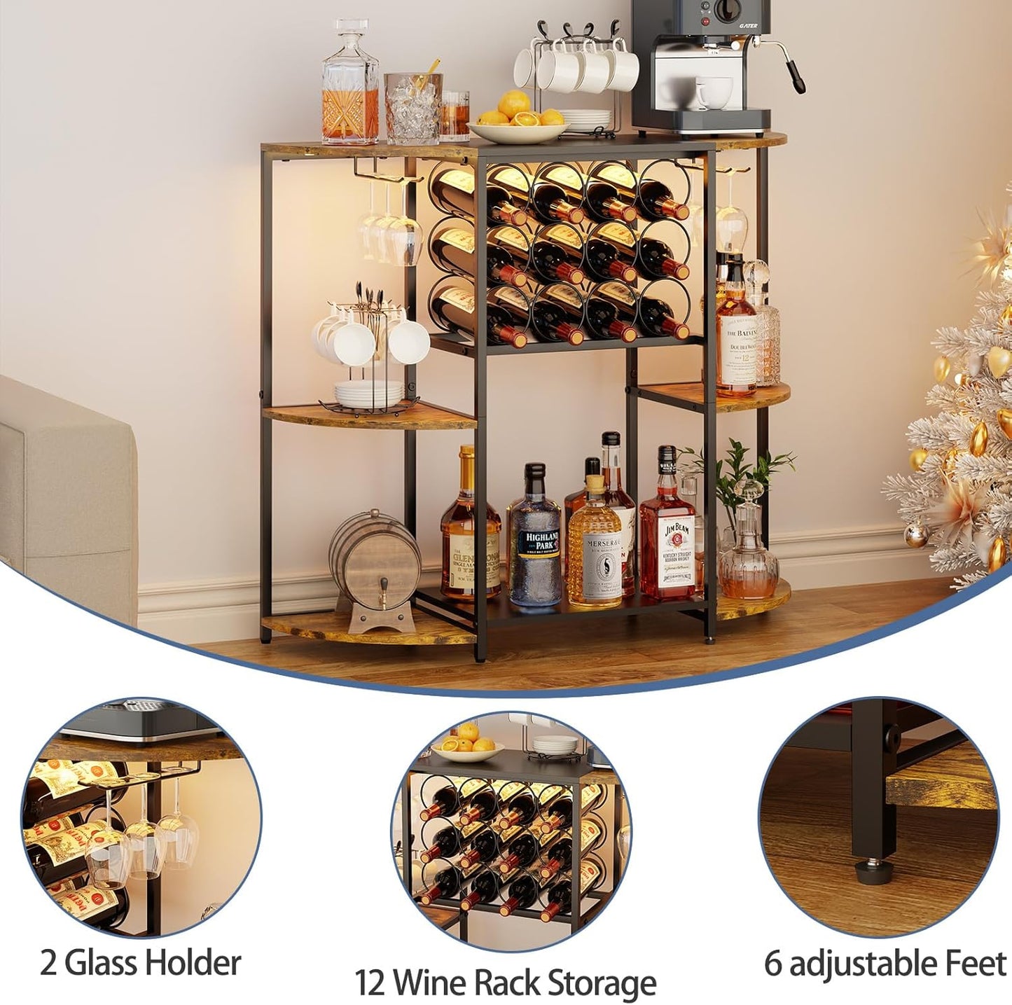 Jksmart Wine Bar Cabinet with LED Lights, Mini Wine Rack with Storage and Glass Holder, Home Bar Cart for Liquor, 3-Tier Bar Table for Kitchen, Dining Room, Living Room, Rustic Brown