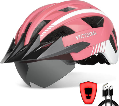 VICTGOAL Bike Helmet with USB Rechargeable Rear Light Detachable Magnetic Goggles Removable Sun Visor Mountain & Road Bicycle Helmets for Men Women Adult Cycling Helmets