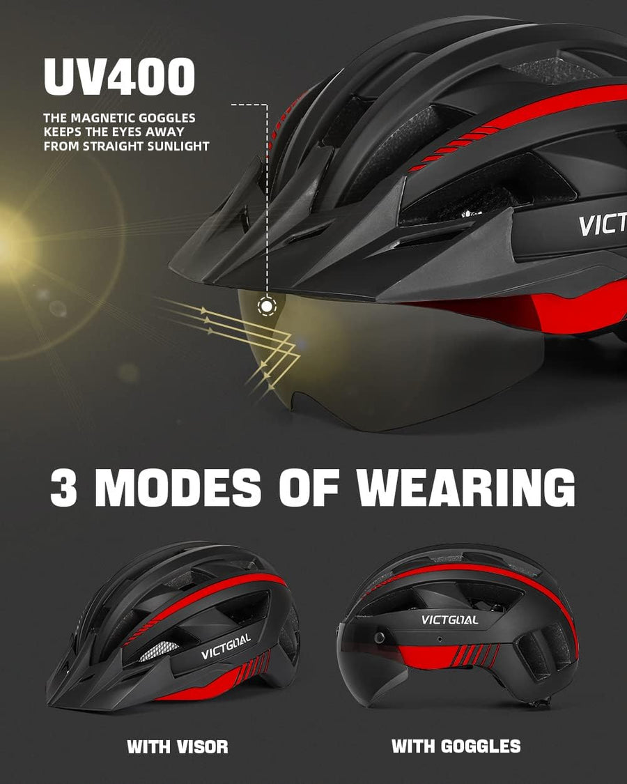 VICTGOAL Bike Helmet with USB Rechargeable Rear Light Detachable Magnetic Goggles Removable Sun Visor Mountain & Road Bicycle Helmets for Men Women Adult Cycling Helmets