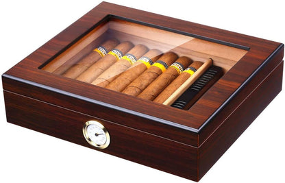 Handmade Cigar Humidor, Cedar Cigar Desktop Box with Humidifier and Hygrometer, Glass Top for 25 Cigars (20-25 Cigars)