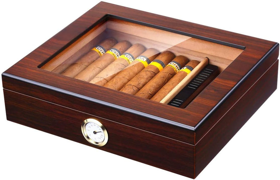 Handmade Cigar Humidor, Cedar Cigar Desktop Box with Humidifier and Hygrometer, Glass Top for 25 Cigars (20-25 Cigars)