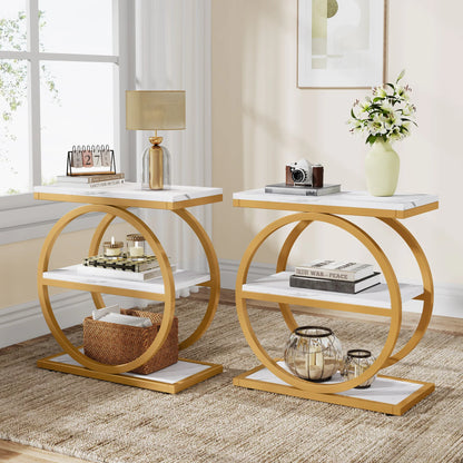 Narrow End Table with 3 Storage Shelves, Wood Side Table for Living Room