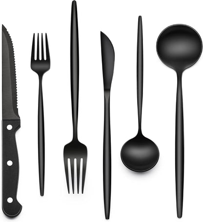 EWFEN 24-Piece Black Silverware Set with Steak Knives, Black Flatware Set for 4, Food-Grade Stainless Steel Tableware Cutlery Set, Mirror Finished Utensil Sets for Home Restaurant, round Edge