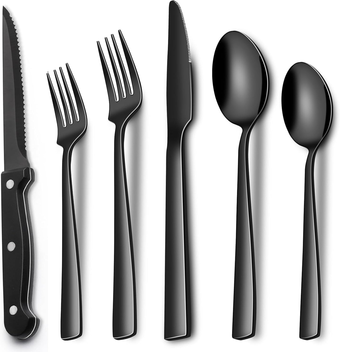 EWFEN 24-Piece Black Silverware Set with Steak Knives, Black Flatware Set for 4, Food-Grade Stainless Steel Tableware Cutlery Set, Mirror Finished Utensil Sets for Home Restaurant, round Edge