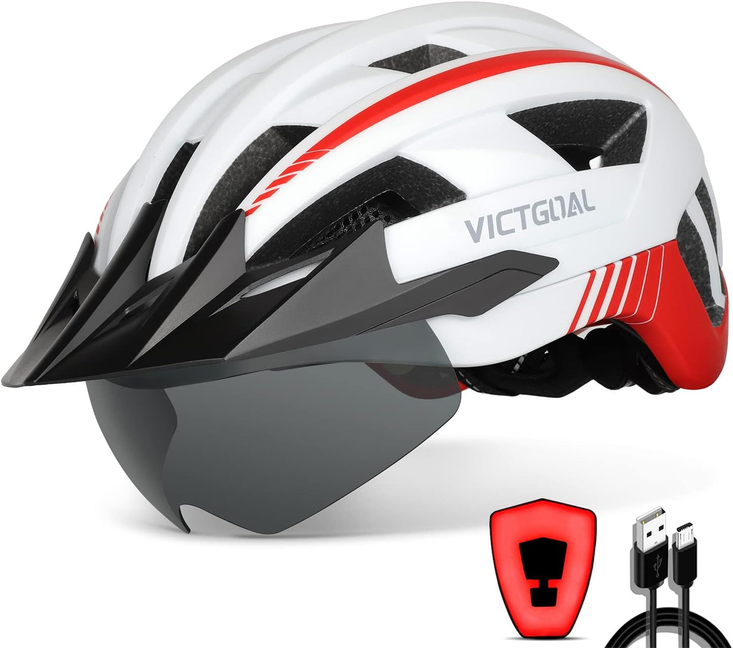 VICTGOAL Bike Helmet with USB Rechargeable Rear Light Detachable Magnetic Goggles Removable Sun Visor Mountain & Road Bicycle Helmets for Men Women Adult Cycling Helmets