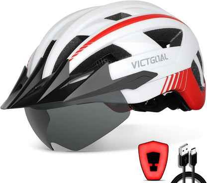 VICTGOAL Bike Helmet with USB Rechargeable Rear Light Detachable Magnetic Goggles Removable Sun Visor Mountain & Road Bicycle Helmets for Men Women Adult Cycling Helmets