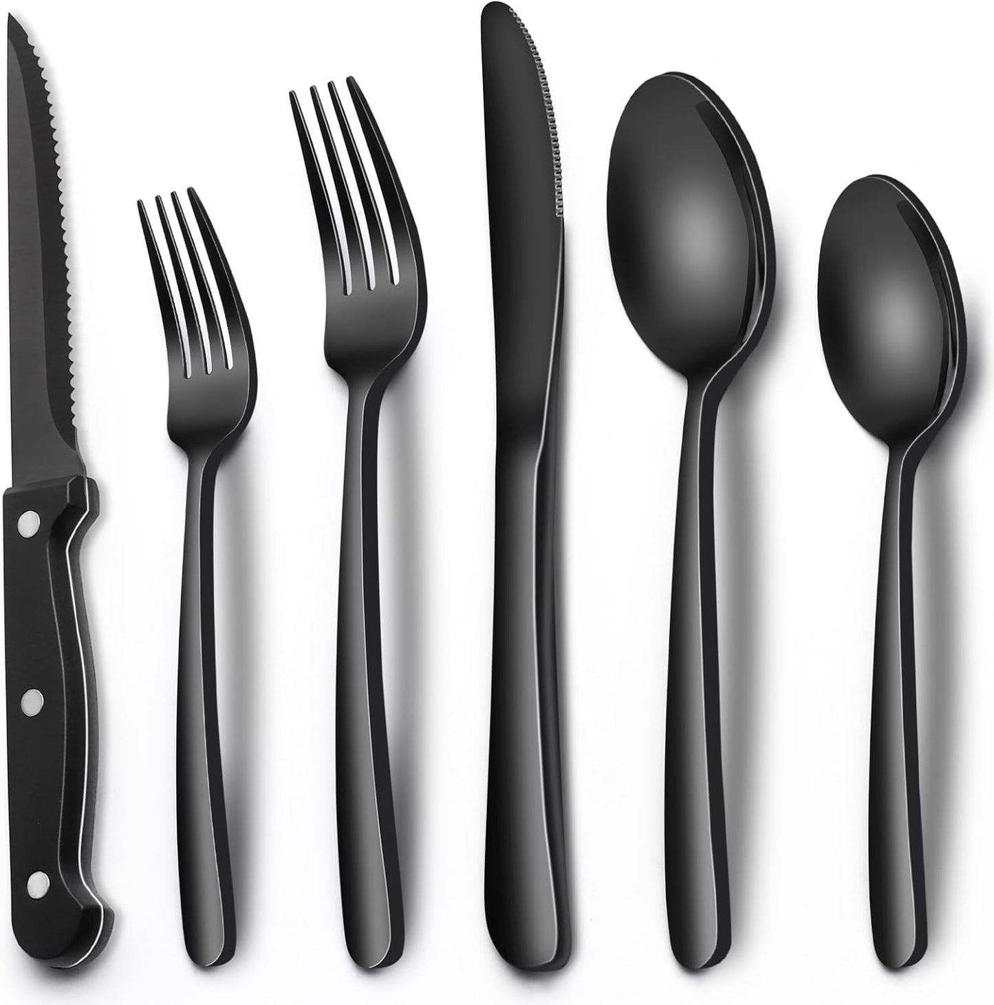 EWFEN 24-Piece Black Silverware Set with Steak Knives, Black Flatware Set for 4, Food-Grade Stainless Steel Tableware Cutlery Set, Mirror Finished Utensil Sets for Home Restaurant, round Edge