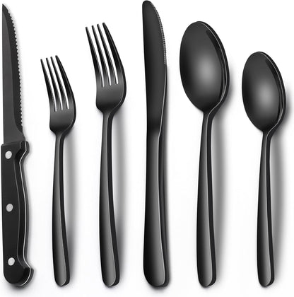 EWFEN 24-Piece Black Silverware Set with Steak Knives, Black Flatware Set for 4, Food-Grade Stainless Steel Tableware Cutlery Set, Mirror Finished Utensil Sets for Home Restaurant, round Edge