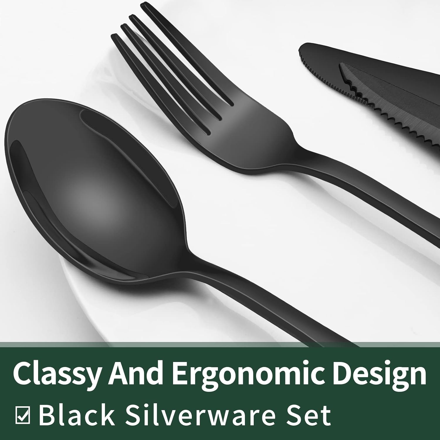 EWFEN 24-Piece Black Silverware Set with Steak Knives, Black Flatware Set for 4, Food-Grade Stainless Steel Tableware Cutlery Set, Mirror Finished Utensil Sets for Home Restaurant, round Edge