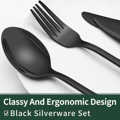 EWFEN 24-Piece Black Silverware Set with Steak Knives, Black Flatware Set for 4, Food-Grade Stainless Steel Tableware Cutlery Set, Mirror Finished Utensil Sets for Home Restaurant, round Edge
