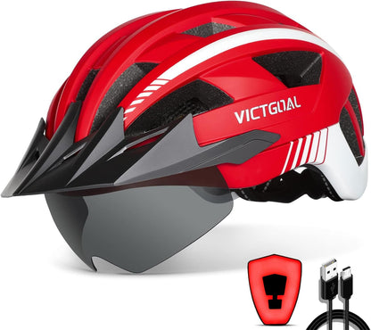 VICTGOAL Bike Helmet with USB Rechargeable Rear Light Detachable Magnetic Goggles Removable Sun Visor Mountain & Road Bicycle Helmets for Men Women Adult Cycling Helmets