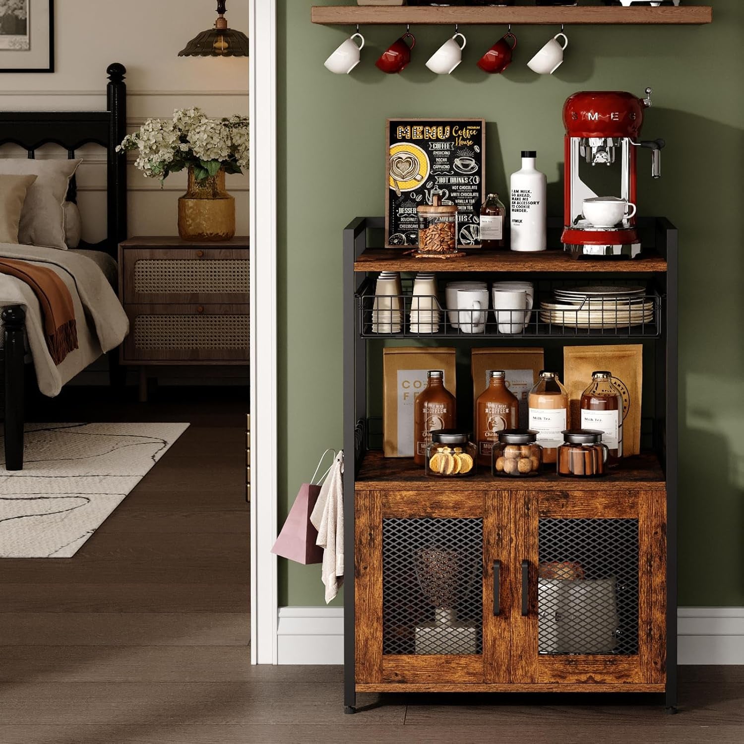 Hencawima Coffee Bar Cabinet, 3 Tier Coffee Station Table on Wheels, 35.9" H Bar Cart with Wire Basket Drawer & 5 Hooks for Home Kitchen, Liquor Buffet Sideboard Cabinet (Rustic Brown)