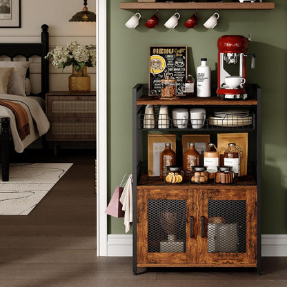 Hencawima Coffee Bar Cabinet, 3 Tier Coffee Station Table on Wheels, 35.9" H Bar Cart with Wire Basket Drawer & 5 Hooks for Home Kitchen, Liquor Buffet Sideboard Cabinet (Rustic Brown)