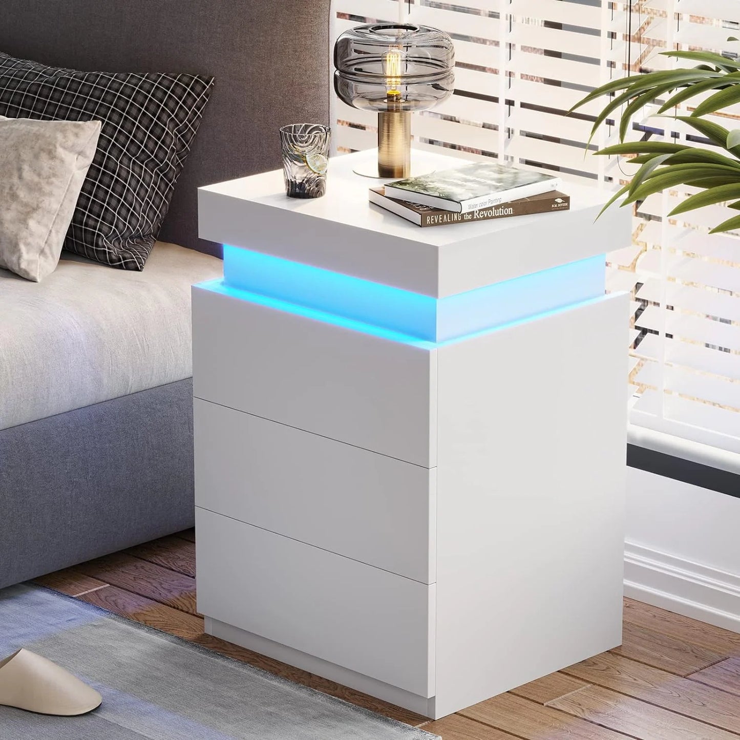 Bedroom Nightstand Charging Station LED Lights Sliding Top Drawers