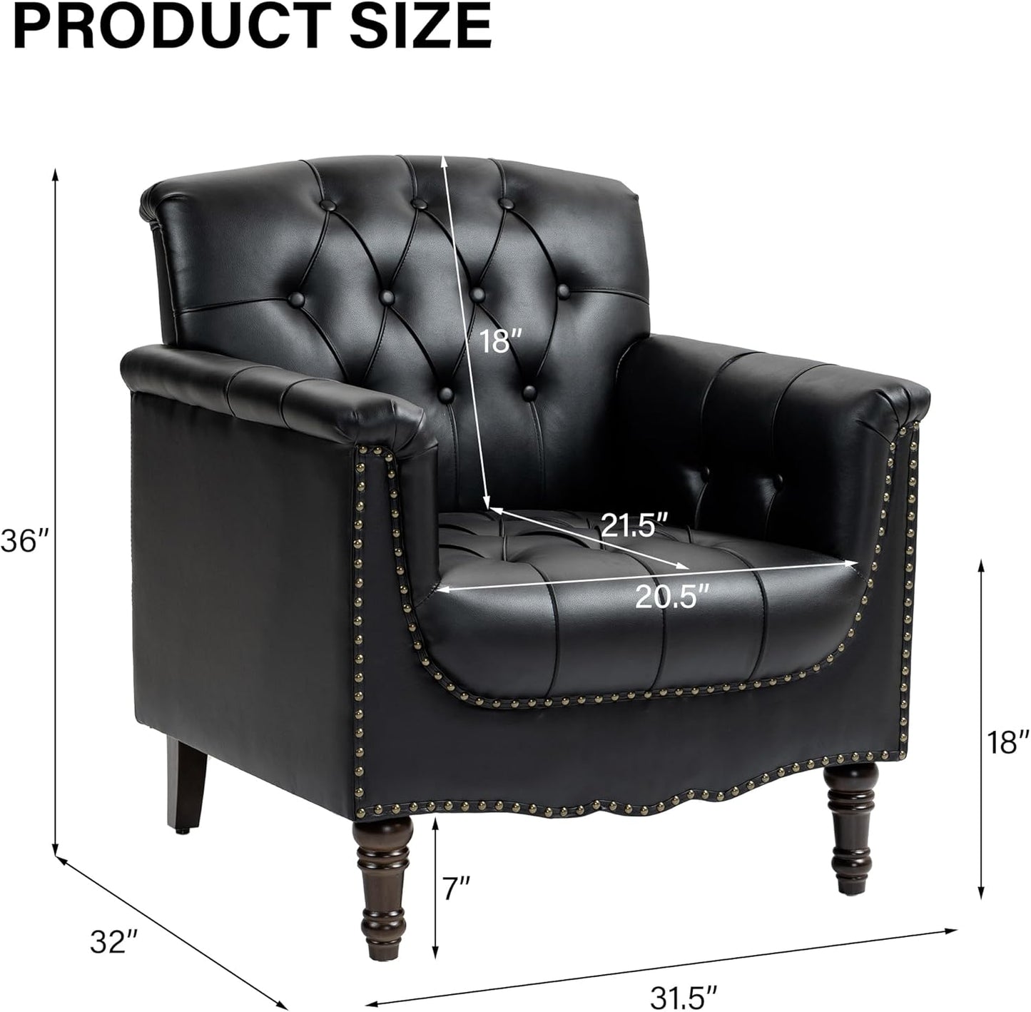 DREAMSIDEA Faux Leather Accent Chair, PU Leather Modern Comfy Upholstered Armchair with Wood Legs & Nailhead Trim for Living Room, Bedroom (Black,Set of 2)