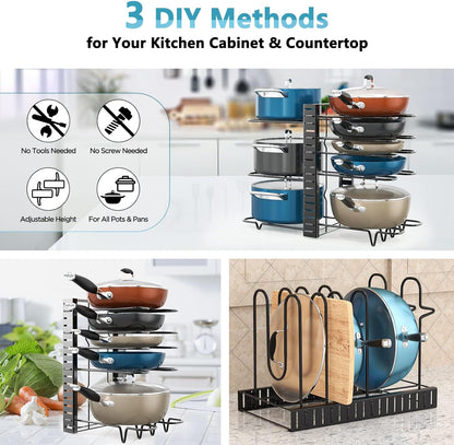 Pots and Pans Organizer for Cabinet 16.61 Height, 8 Tier Pot Organizers Rack with 3 DIY Methods, Adjustable Pan Organizer under Cabinet Kitchen Organization and Storage