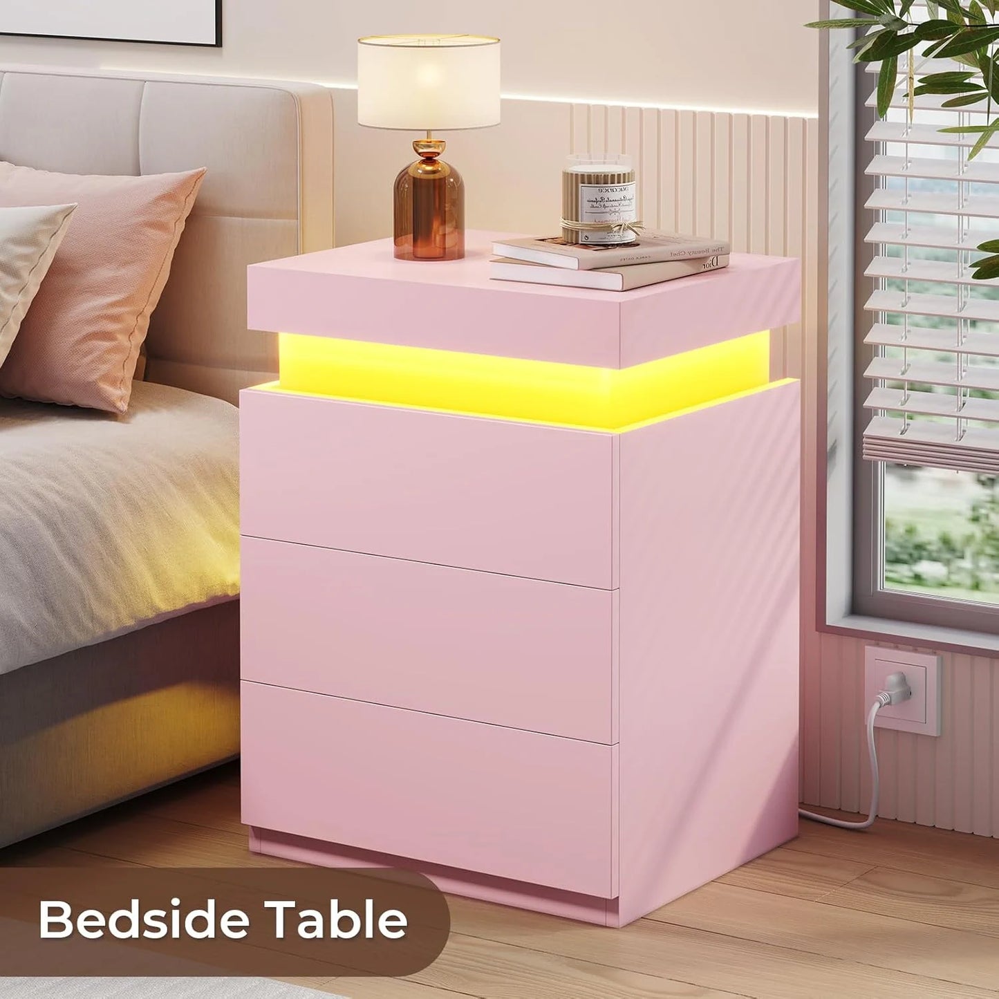 Bedroom Nightstand Charging Station LED Lights Sliding Top Drawers