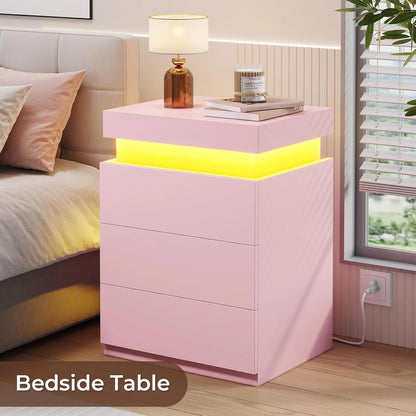 Bedroom Nightstand Charging Station LED Lights Sliding Top Drawers
