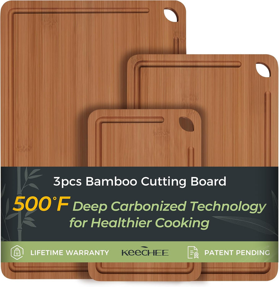 Bamboo Cutting Board, Durable Wood Cutting Boards for Kitchen with Deep Juice Grooves & Built-In Handles, Ideal Charcuterie & Chopping for Meat, Vegetables and Fruits Ideal Kitchen Gifts