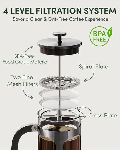 French Press Coffee Maker 34 Ounce 1 Liter, Borosilicate Glass Stainless Steel Brewer, Large Portable Cold Brew Cafetera Teapot for Kitchen Travel Camping Coffee Bar Accessories, Dark Pewter