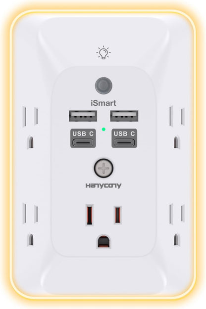 Outlet Extender with Night Light, HANYCONY Multi Plug Outlet, USB Wall Charger Surge Protector 4 USB Ports(1 USB C), Power Strip Electrical Outlet Splitter Expander for Home Office Dorm Room, ETL