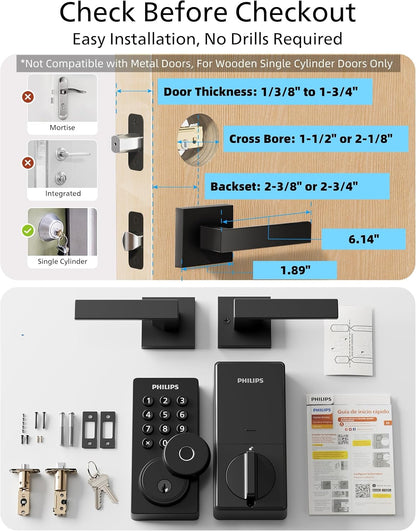 Philips Wifi Keypad Door Lock with Handle, Built-In Wifi, APP Remote Control, Voice & Fingerprint Unlock, Smart Locks for Front Door with Auto Lock, Digital Front Door Lock Set, Keyless Entry Deadbolt