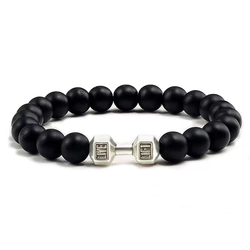 ForgeFit™ Volcanic Stone Fitness Bracelet / Natural Volcanic Stone Bracelet Men Matte Black Lave White Beads Charm Dumbbell Strand Bracelets Women Barbell Fitness Jewelry