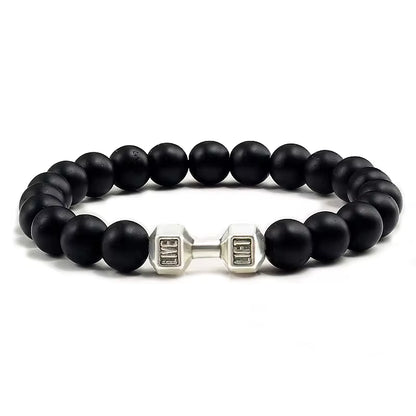 ForgeFit™ Volcanic Stone Fitness Bracelet / Natural Volcanic Stone Bracelet Men Matte Black Lave White Beads Charm Dumbbell Strand Bracelets Women Barbell Fitness Jewelry